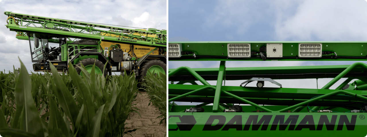 A Dammann crop protection sprayer featuring the Smart Spraying Solution, with a field camera unit (central) and lighting units (each side) of the unique weed management system visible.